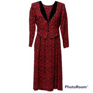 VINTAGE 80s/90s MISS DORBY PRAIRIE COUNTRY MIDI HOLIDAY DRESS WITH VEST. Sz 12